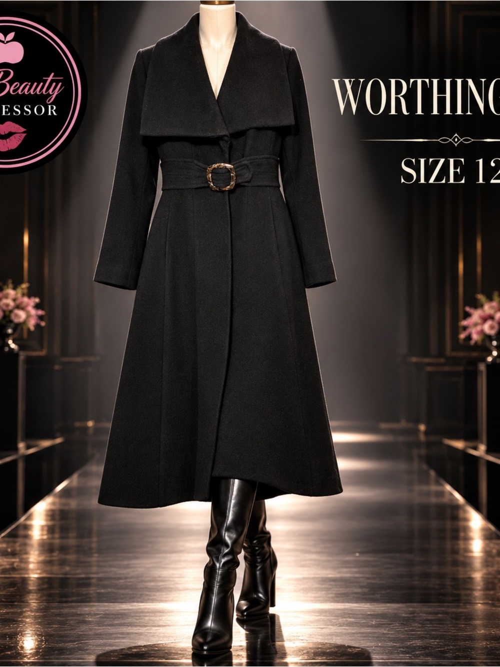 Worthington Size 12 Black Wool Belted Long Coat Statement Buckle